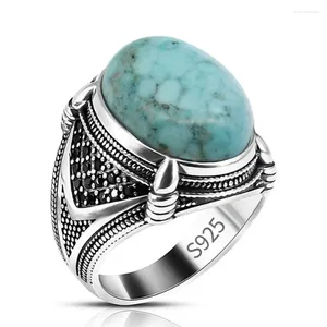Cluster Rings Wholesale Pure 925 Sterling Silver Men's Ring Natural Turquoise Stone Man