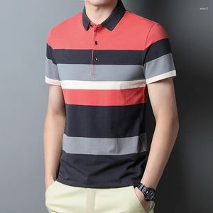 Herren-Poloshirts, stilvolle, gestreifte Kurzarm-Poloshirts, Alltags-Sommer-Kontrastfarben, gespleißte Kleidung, Polo-Ausschnitt, Knopf-Freizeit-T-Shirts