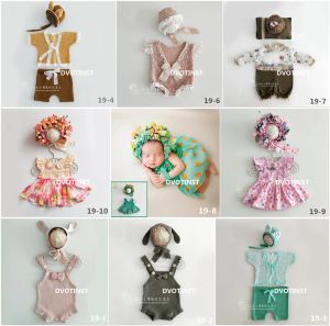 Uppsättningar dvotinst nyfödda babyfotografering rekvisita stickade blommor hat+kläder klänning 2st.