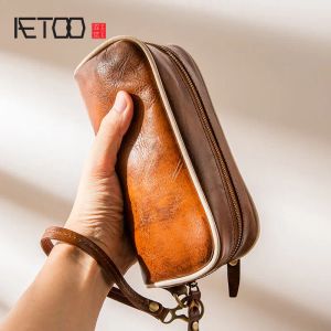 Purse aetoo vintage läder lång plånbok, manlig grönsak garvad läderkoppling, enkel dragkedja plånbok