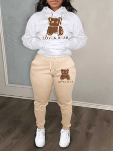 Kvinnors tvåbitar byxor LW Lovely Bear Letter Print Kangaroo Pocket Tracksuit Set Long Sleeve Hoodie+Drawstring Trousers Women Two Pieces Matching Suits