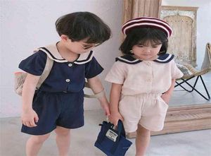 Summer Korean Style Kids Sailor Collar Cotton Linen Clothes Set Boys Girls T Shirtshorts 2st Kidkläder Baby Boy 2108048788130