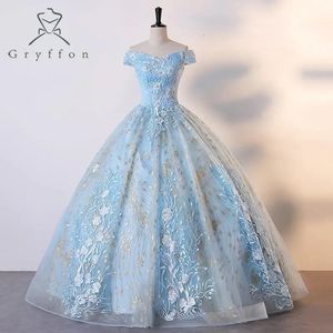 Jasnoniebieska Quinceanera ubiera się od sukienki na barku luksusowa koronkowa suknia balowa shinny cekin bal plus size vestidos 240227