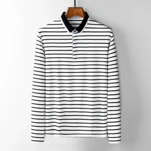 Polos masculinos de manga comprida camiseta primavera outono preto e branco listrado lapela camisa polo personalidade solta casual