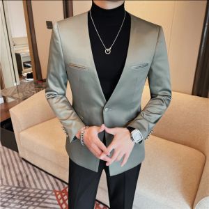 Luxury Solid Color Blazer Men Collarless Single Button Casual Business Suit Jacket Banquet Party Coat Uniform Wedding Social