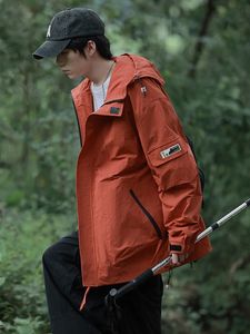 Outono masculino jaquetas casuais moda coreana ao ar livre tecido de náilon multibolsos com capuz blusão casacos 240220