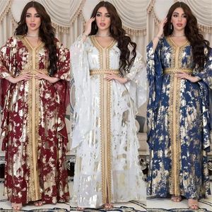 Abbigliamento etnico Abito Abaya musulmano Ricamo Pannello di pizzo guipure Cintura Turchia Caftano marocchino Abito di lusso con stampa in oro Abiti da donna