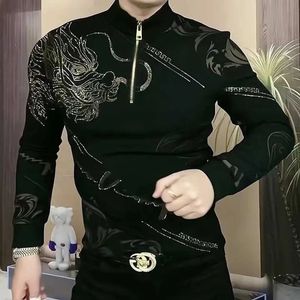 Fashion Stand Collar Zipper Printed Diamonds T-Shirts Mens Clothing Autumn Winter Loose All-match Tops Casual Tee Shirt 240227