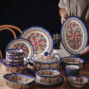 Tigelas de cerâmica para assar, estilo polonês, pintados à mão, utensílios de cozinha, salada, sobremesa, bife, macarrão, prato, bandeja de frutas, decoração 240223