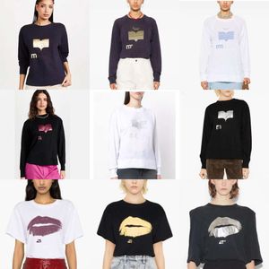 24ss Isabels Marant Yeni Kadınlar Tasarımcı T-Shirt Yaz Kontrast Renk Sıcak harf desen baskılı gevşek yuvarlak boyunlu çok yönlü pamuklu uzun kollu kazak tees