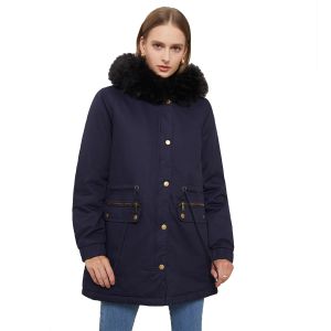 Parka Cappotti trapuntati rossi/multicolore da donna, Parka moda inverno 2023 con cappuccio in pelliccia sintetica e fodera in cotone ispessito, vestibilità ampia