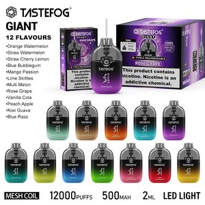 Original Tastefog Giant Puff 12000 Vape Box Descartável 2% Mesh Coil Puff 12k E-Cigarette 15ml 650 Bateria Recarregável 12 Sabores Com Lanterna LED Controle de Fluxo de Ar