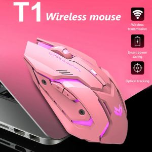 Mouse Mouse ricaricabile ergonomico 2.4G T1 a tre modalità rosa nero per computer PC Mouse da gioco wireless ottico USB retroilluminato silenzioso