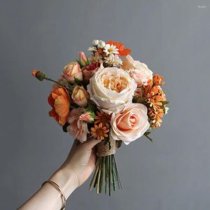 結婚式の花Nzuk Roses and Peonies Bouquetsシルクフラワーデコレーション2024オレンジシャンパンブライダルホールディングブーケ
