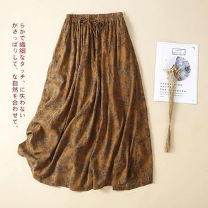 Spódnice bawełniane i lniane z nadrukiem dwuwarstwowe spódnica żeńska wiosna jesień literacka retro luźne, swobodne pół-bog