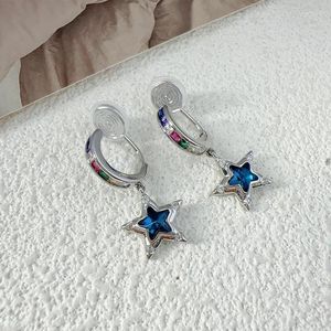 Stud Earrings 2024 Hollow Out Colorful Zircon Five Point Star Ear Clip Blue Copper Inlaid Gift Wholesale