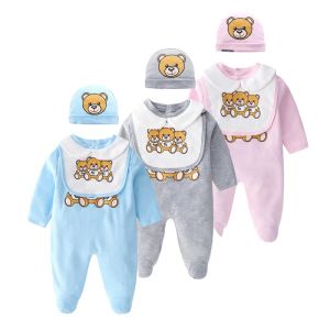 Sets Newborn Baby Clothes Romper Footies Baby Girl Boy Clothing Print Cute Cartoon Bear New Born Baby Boy Romper Hat Bibs Outfit
