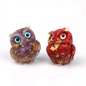 Dekorativa föremål Figurer 100% Natural Crystal Stone Animal Gravel Owl Crafts Harts Hand Made Small Figurine Make Table Home Co Dhtye