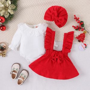 私の最初のクリスマスの女の赤ちゃんの服Ruffle Romper+Plaid SuspenderSkirts Hat 2023新年コスチュームベビークリスマス服