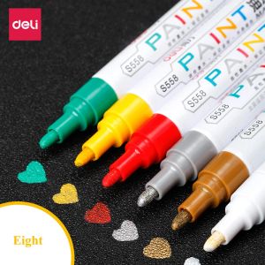 Markers 6PCS/LOT Deli S576/S558 Paint marker permanent marker pen 1mm/2mm black blue red silver 8 colors oilbased ink marker pen