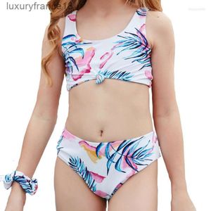 Mulheres Swimwear Meninas Biquíni 2023 Impressão Tropical Amarrado Frente Menina Tankini Crianças Maiô Bandeau Natação Terno Beach Wear''gg''X79P