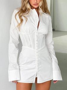 カジュアルドレスホワイトシャツドレス女性エレガントな長袖ボディコンミニスリムポロ首のオフィスヴェスティドスデウジェル
