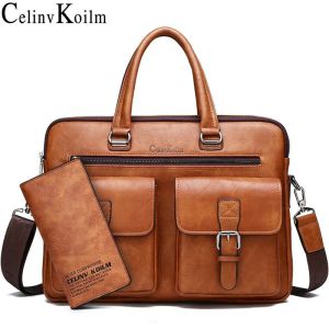 Plecak Celinv Koilm Brand Man's Business Trerek Torba podzielona skóra Wysokiej jakości męskie torby biurowe na laptop A4 przyczynowe 2PCS/zestaw