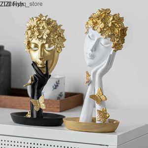 Other Home Decor Resin handicraft Golden butterfly Mask figure sculpture Abstract face girl decorative figurines home decoration accessories Q240229