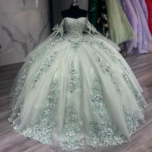 2024 Sage Quinceanera Dresses Off Shoulder Lace Appliques Beads Hand Made Flowers Ball Gown Tulle Guest Dress Evening Prom Gowns Corset Back With Bow