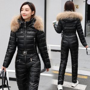 Sets Oulylan One Piece Ski Suit Women Jackets Winter Hooded Parka Jumpsuit Women Bodysuit Sashes Jumpsuits Zipper Overalls Tracksuits