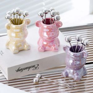 Sets 6Pcs Bear Fruit Fork Set Cute Fruit Fork Storage Jar Cake Dessert Sandwich Salad Fork Dining Table Decoration