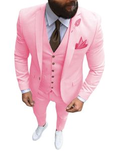 スーツ新しいピンクのメンズ3ピーススーツフォーマルビジネスノッチラペルスリムフィットタキシードハストベストマンブレザーウェディング（Blazer+Vecket Party Travel