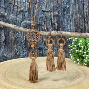 Necklace Earrings Set Ethnic Dream Catcher Pendant Earring Women's Vintage Cotton Tassel Wooden Round Sweater Necklaces Bohemian Jewelry