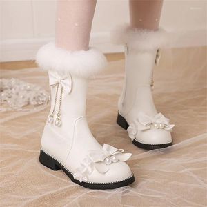 Stiefel PXELENA Schöne koreanische Mädchen Lolita Knöchel Schnee Niedrige Absätze Perlen Rüschen Fliege Kunstpelz Plüsch Warme Schuhe Frauen Weiß Rosa