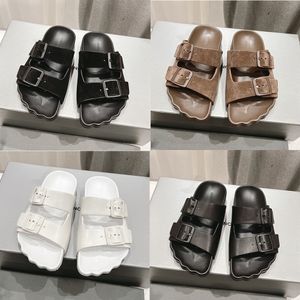 Women Genuine Leather Flat Slippers Sandals With 2 Straps Lady Fashion B Metal Buckle Beach Slides Men's lace-up Scuffs For Summer Pairs sandal