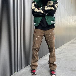 Streetwear graffiti last utskjutna jeans khaki svart stänk bläck bred ben denim byxa hip hop lastbyxor jean män 240228