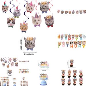 New New Happy Banner Cute Cake Toppers Party Decoration Dessert Dress Up Supplies Gifts Pet Cat Birthday