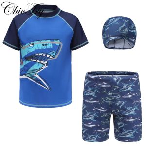 Hats Kid Boys Swimsuit Swimwear Beachwear Sets Short Sleeve Swim Tops Trunks and Hat Summer Outfits Rash Guard Swimming Bathing Suits
