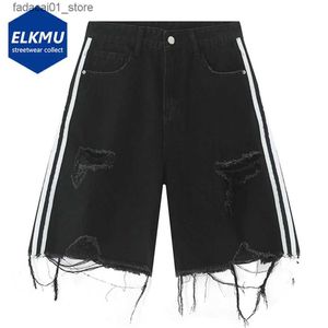 Men's Shorts Side Striped Ripped Denim Shorts Fashion Distressed Tassel Black Jeans Shorts Men Summer Streetwear Harajuku Hip Hop Y2K Shorts Q240229