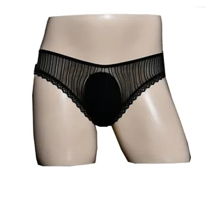 Cuecas sexy homens sissy briefs bulge bolsa transparente calcinha renda pura roupa interior baixa ascensão lingerie oca gay erótico