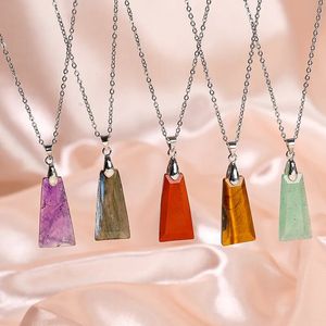 Natural Stone Pendant Trapezoid Shape Safe Luck Tag Rose Quartz Amazonite Tiger Eye Lapsi Pink Crystal Necklaces for Women Jewelry Gift