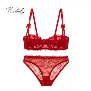 Bras Sets Varsbaby Sexy Dark Red Color Lace Bra Set Half Cup Breathable Lingerie Plus Size