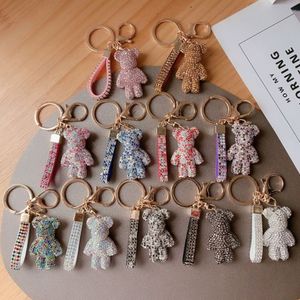 Criativo bonito strass urso chaveiro feminino cristal animal chaveiros pulseira de couro cordão saco encantos pingente acessórios300y