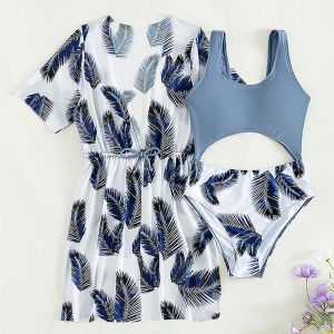 Dziewczyny z stroje kąpielowej 3Pack Tropical Print Bikini strój kąpielowy z siatką 714 -letnią odzież kąpielową Kimono 2023 Suitwear plażowy