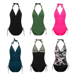 Costumi da bagno da donna Donna 2 pezzi Halter Tankini Costumi da bagno Controllo della pancia Scollo a V Top con coulisse con fondo bikini Donna