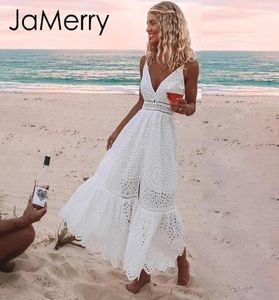 Jamerry Boho broderi vit sexig spets kvinnor sommar maxi klänning spaghetti rem bomullsklänningar semesterfest långa vestidos 2019 y19353962
