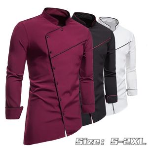 Primavera e outono camisas de manga comprida masculina moda gola alta botões diagonais camisa negócios casual 240227