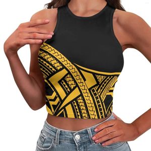 Kvinnors tankar Polynesiska tribal Pohnpei Totem Tatuering trycker Lady Sexig gul svart Skinny Crop Top X Type Back Design Casual Travel Clothing