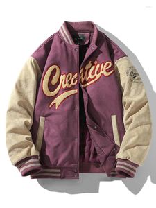 Men's Jackets Autumn Winter Letter Baseball Jacket Men Suede Varsity Women Vintage Flocking Coat Button Fashion Designer Couple Purple