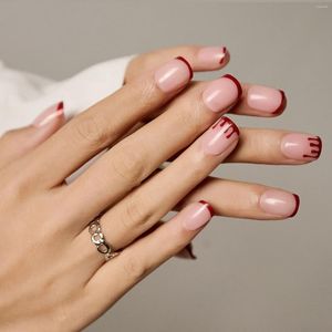 Falska naglar 24 st kort röd fench nagel enkel stil naken färg falsk bärbar full täckning för tjejpress på tips